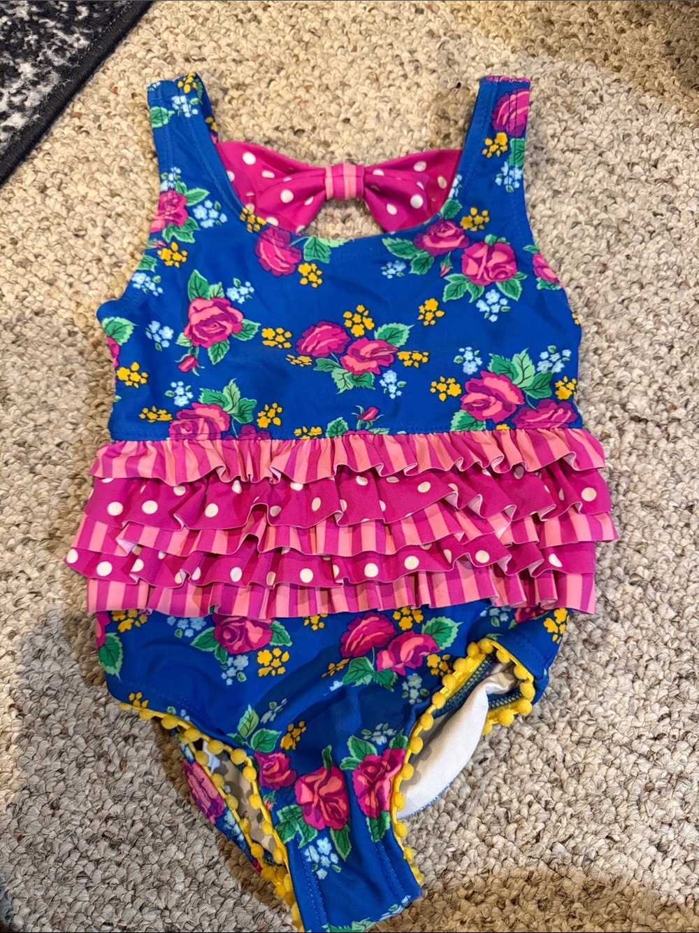 Matilda Jane Bright Blue Floral One-Piece Swimsuit with Pink Ruffles